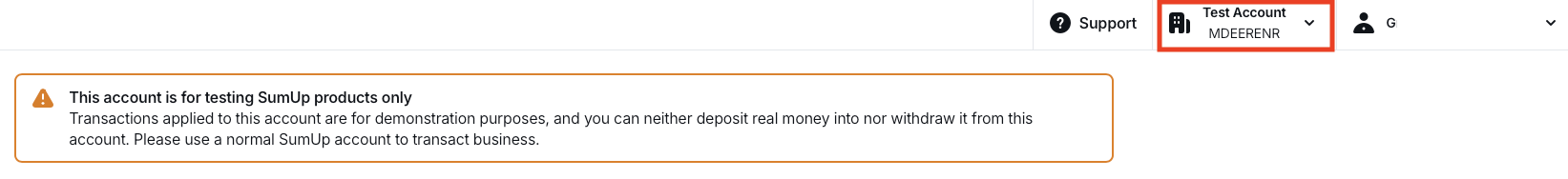 A screenshot of the dashboard with test account selected