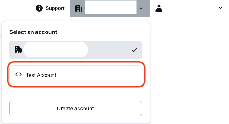 A screenshot of the account selection dropdown in the SumUp dashboard with the test account highlighted with red circle